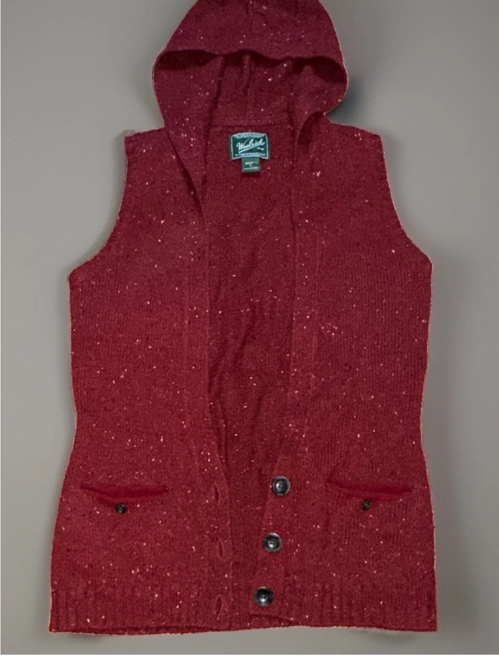 Woolrich Speckle Knit Hooded Button Front Sleeveless Cardigan Sweater Vest M